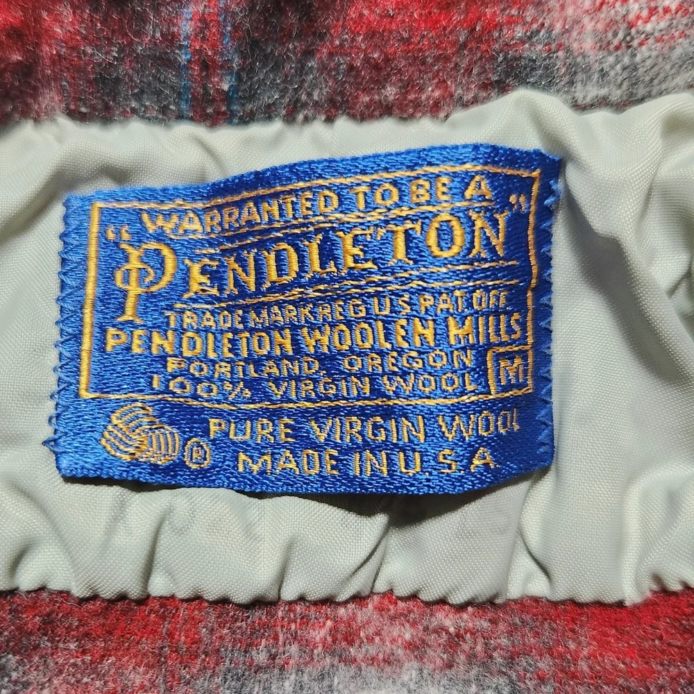Vintage Pendelton Boys M Wool Shadow Plaid Button Up Shirt Red Black 60s USA